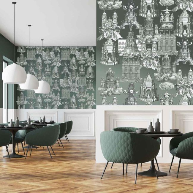 Green and white cafe interior with a wooden floor, round black tables and green chairs. A blank wall fragment. 3d rendering mock up