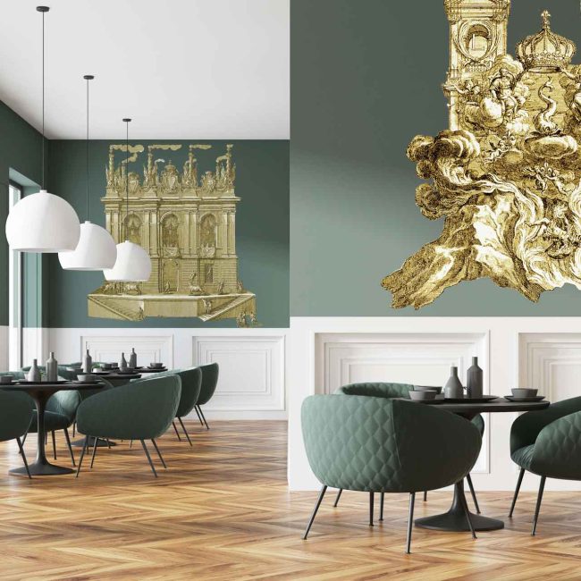 Green and white cafe interior with a wooden floor, round black tables and green chairs. A blank wall fragment. 3d rendering mock up