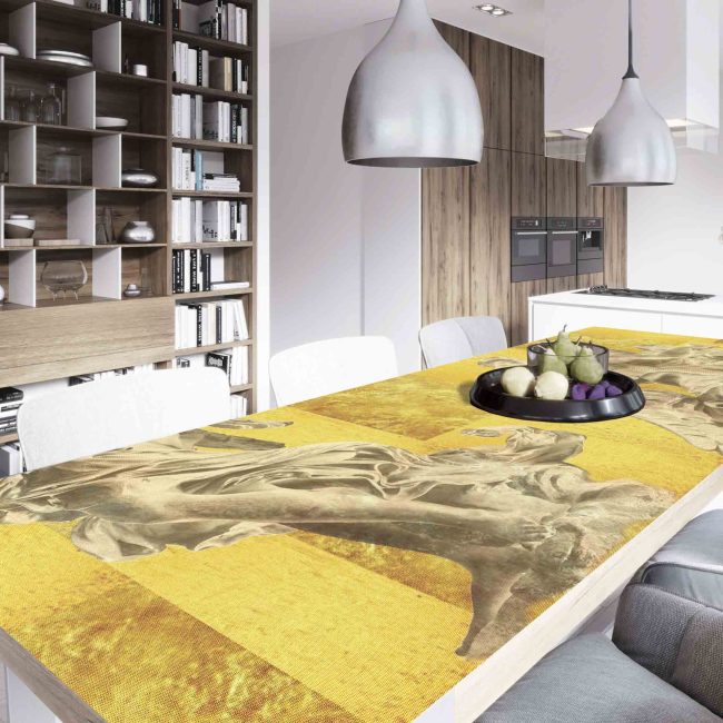 dining area with a modern designer table with six chairs in a loft style. Large built-in shelves for books, kitchen and living area. 3d rendering