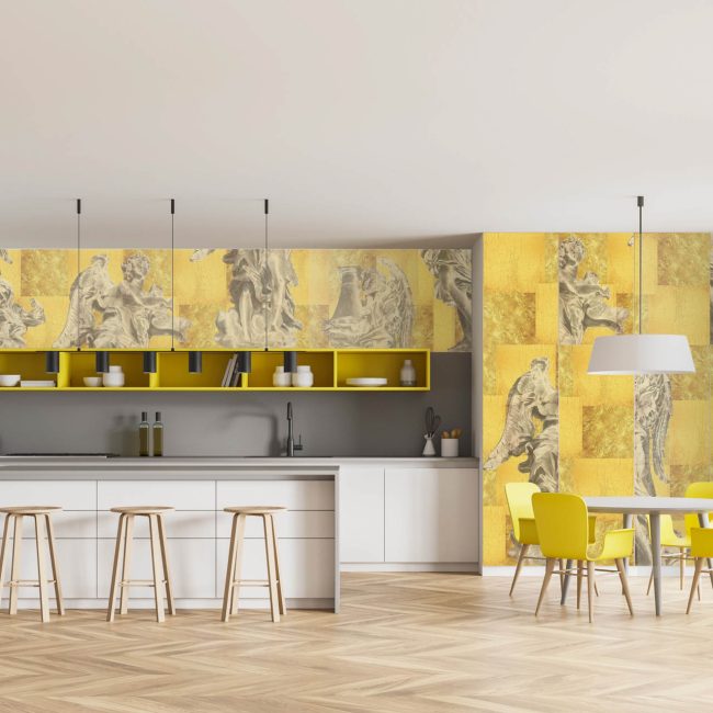 Light kitchen room with dining table and chairs, wooden floor. Kitchen set interior with bar seats and window, white and yellow furniture and kitchenware, 3D rendering
