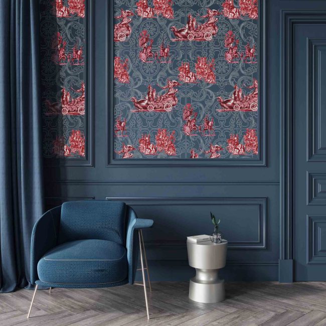 Classic interior in dark blue with an upholstered armchair and a metal table / 3D illustration, 3d render