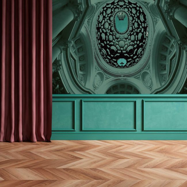 Modern classic empty interior with curtain, moldings, wood floor.